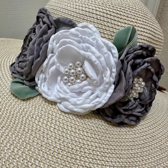 Women's Tweed Sun Hat Embellished With Satin Flowers & Pearls Special Event NEW - Picture 11 of 13